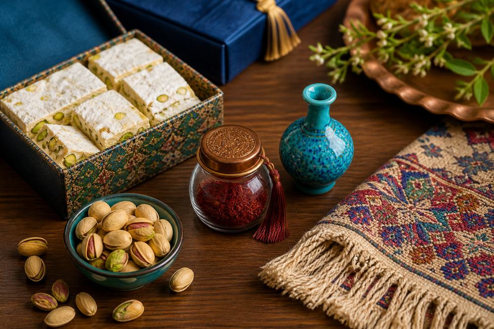 نمونه هدایای فرهنگی ایران مانند زعفران، پسته، گز و صنایع دستی کوچک